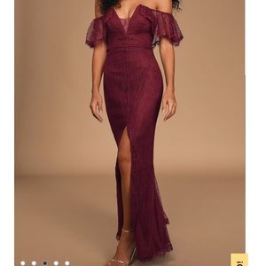 Lulu’s Burgundy Lace Off-the-Shoulder Maxi Dress